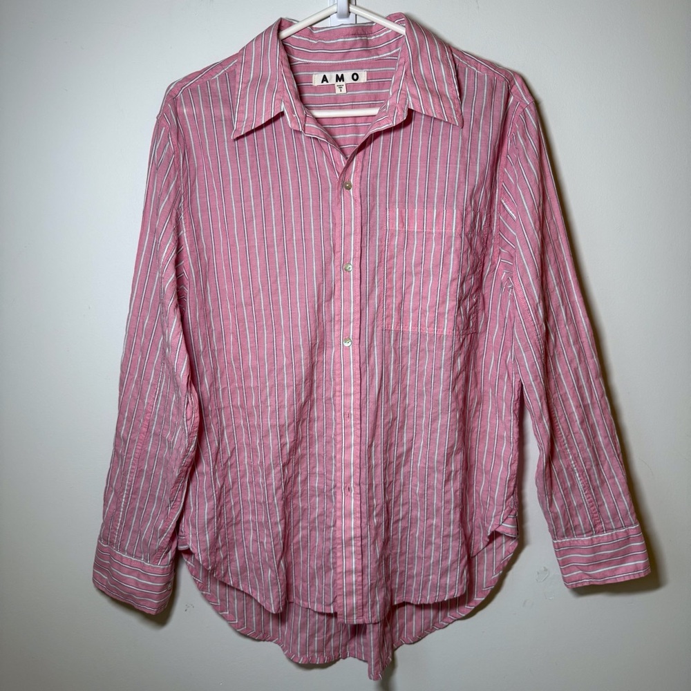 AMO striped button down shirt oversized cotton pink white slight crinkle fabric
